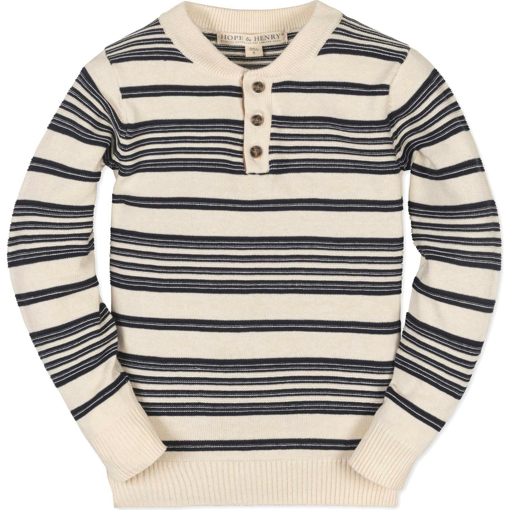 Organic Long Sleeve Henley Pullover Sweater with Elbow Patches, Blue