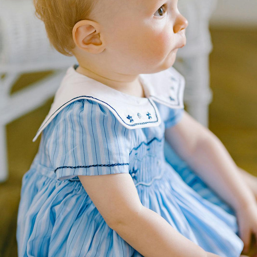 Riviera Blue Stripe Smocked Bubble Romper
