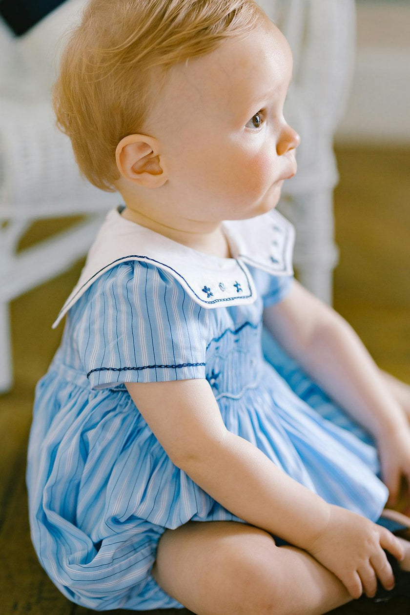 Riviera Blue Stripe Smocked Bubble Romper