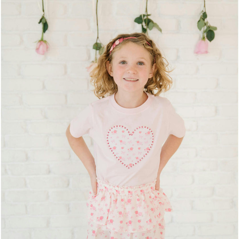 Dainty Rose Pearl Heart Patch Short Sleeve T-Shirt