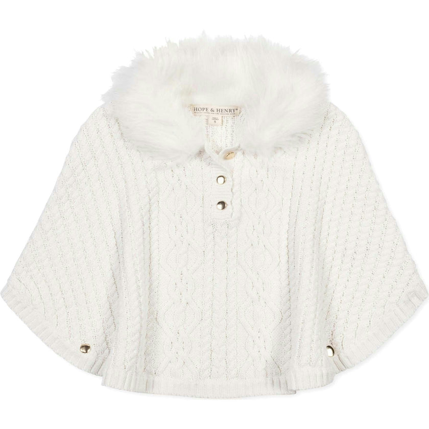 Organic Cable Sweater Cape with Faux Fur, White