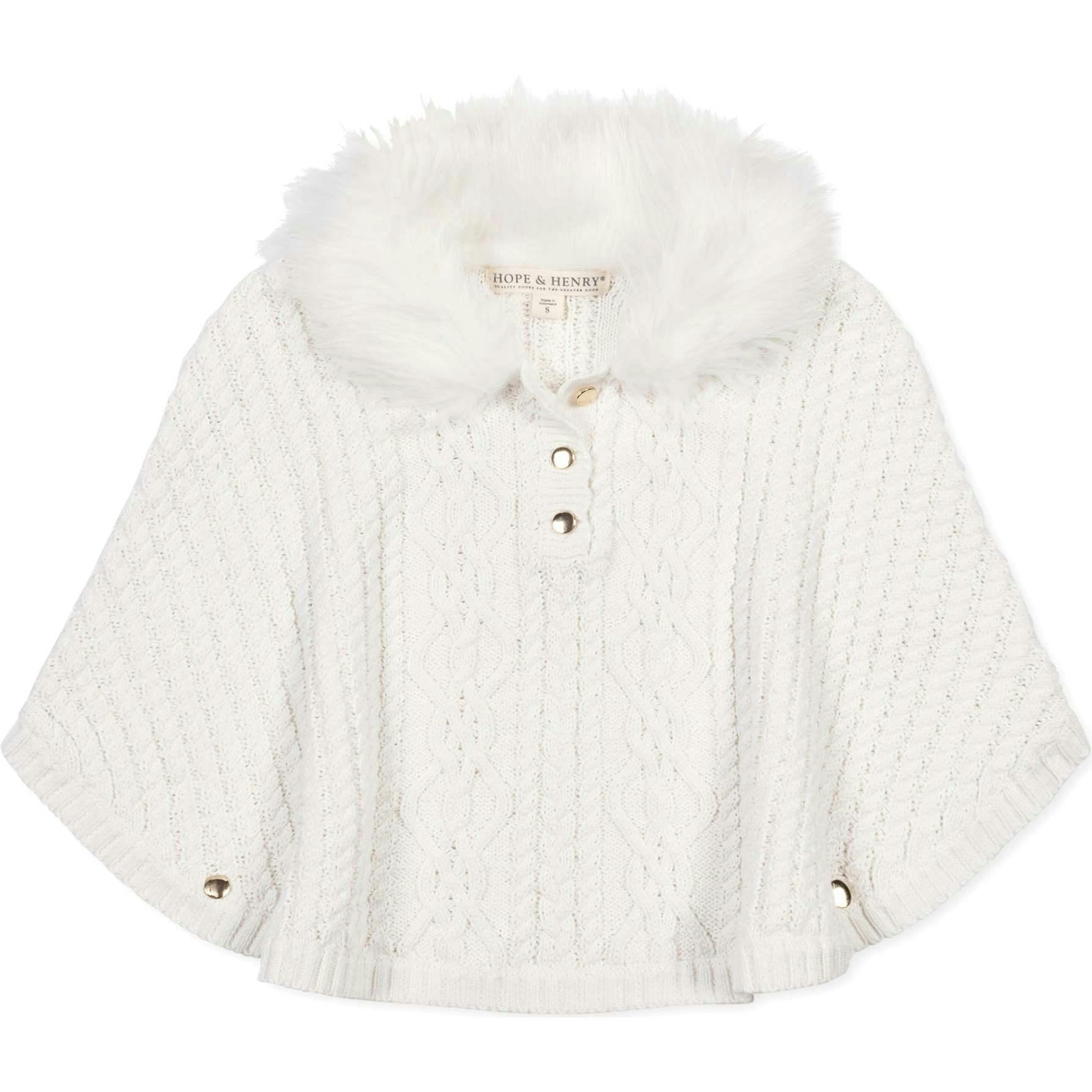 Organic Cable Sweater Cape with Faux Fur, White