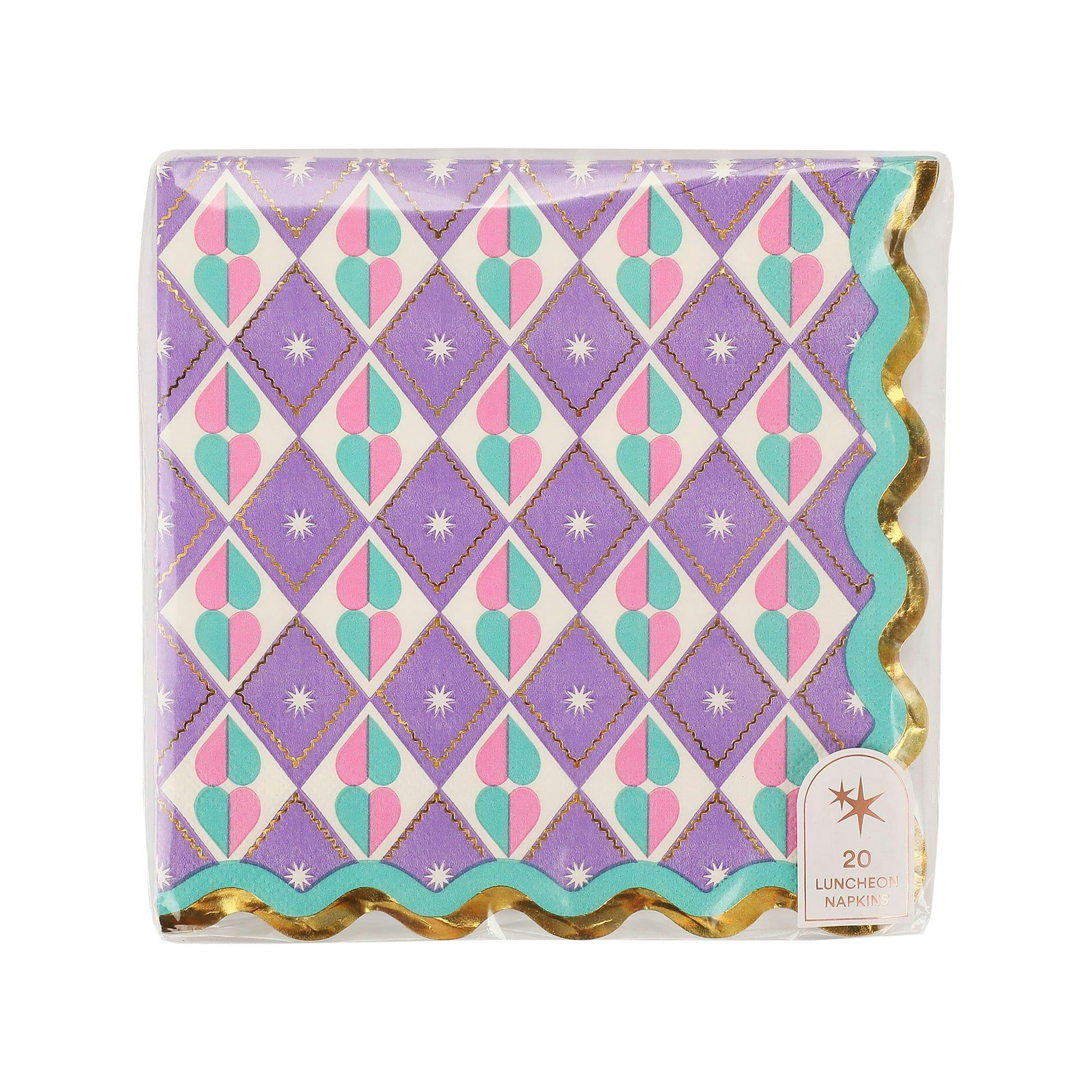 Packed Party Circus Soiree Luncheon Napkins 20ct - Gold Foil Pastel Diamond Pattern 3-Ply Scalloped Edge Napkins for Circus Birthday Parties