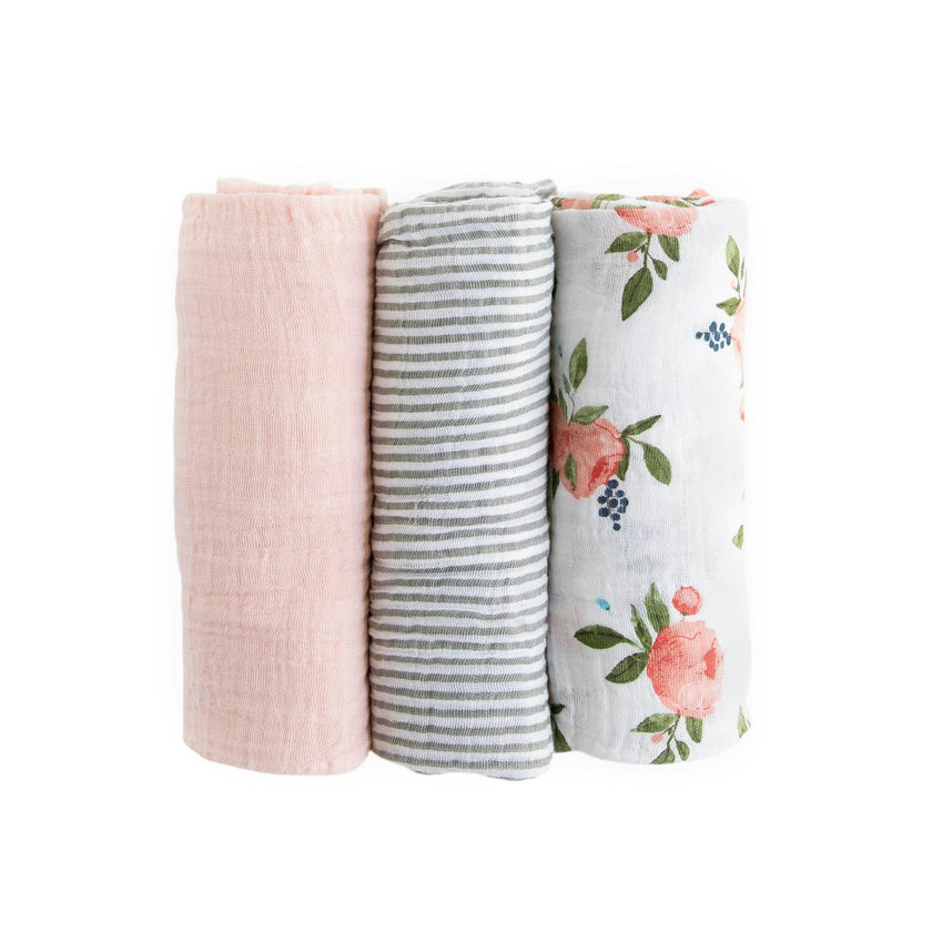 Cotton Muslin Swaddle Blanket 3 Pack - Watercolor Roses