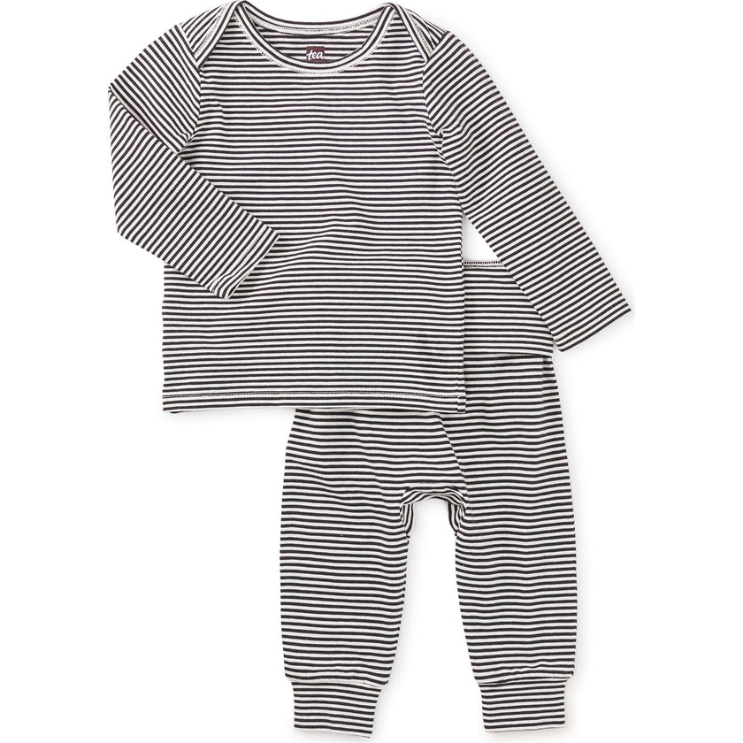 Stripe Lap Shoulder Long Sleeve Top Set, Black