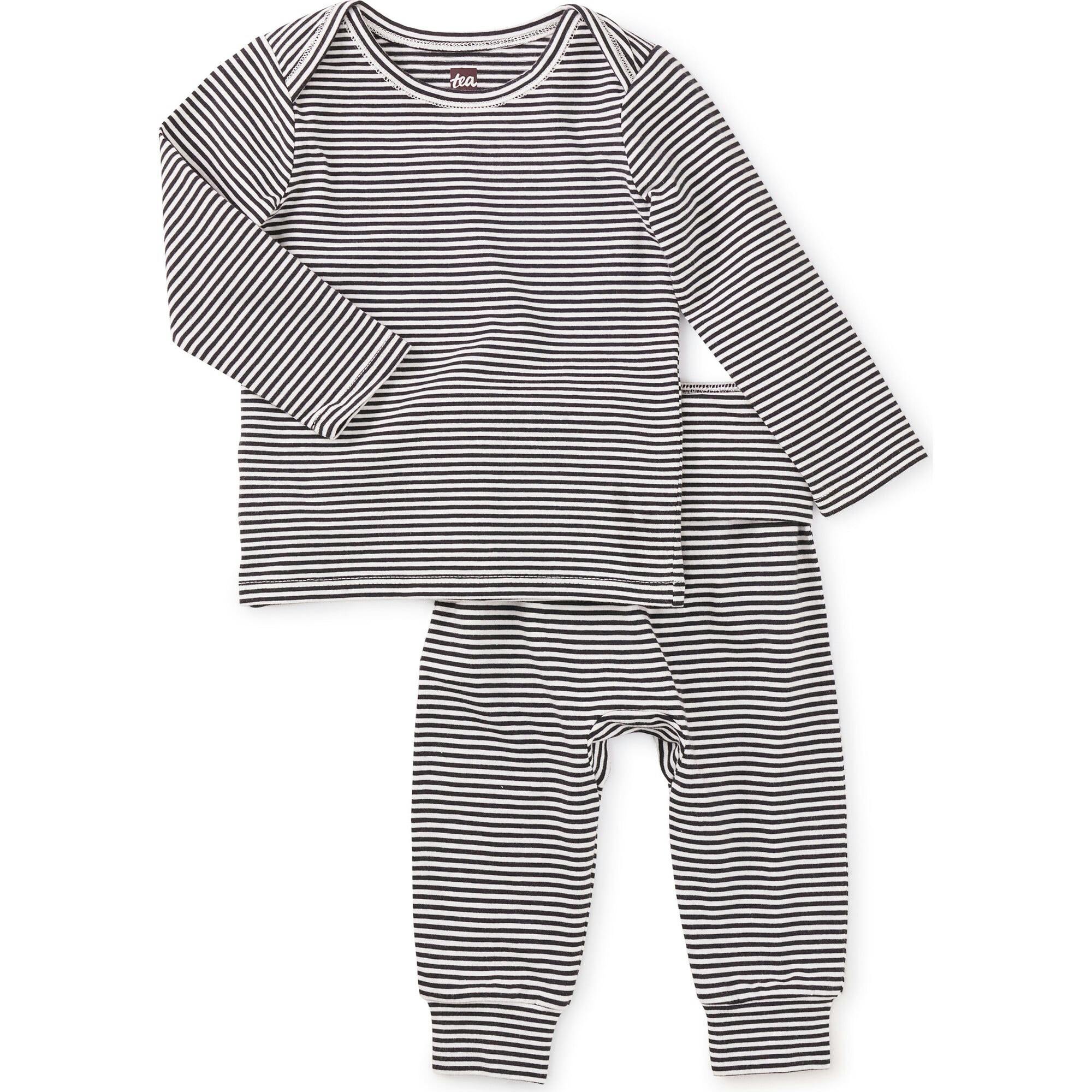Stripe Lap Shoulder Long Sleeve Top Set, Black