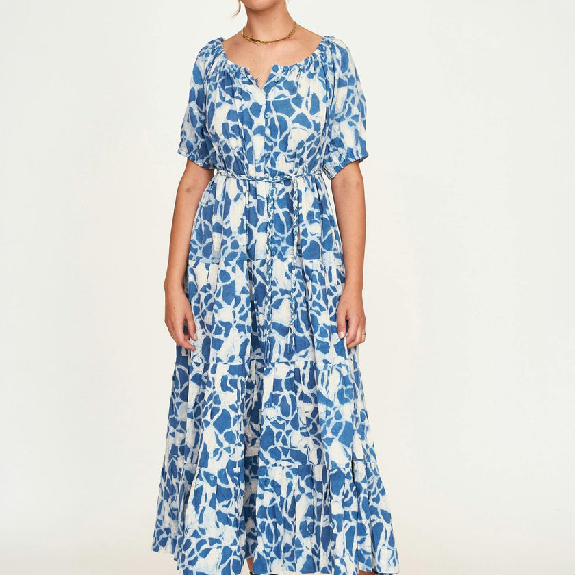 Women's Capri Elastic Bubble Sleeve Tiered Maxi Dress, Blue