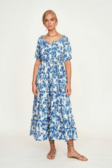 Women's Capri Elastic Bubble Sleeve Tiered Maxi Dress, Blue