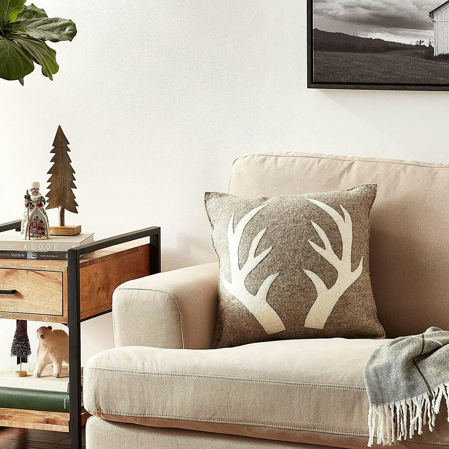 Hand Felted Wool Pillow - Cream Antlers Gray - 20
