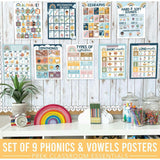 16-Piece Boho Rainbow Prek & Kindergarten Posters & 9-Piece Phonics & Vowels Posters