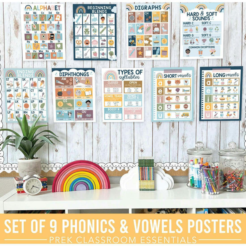 16-Piece Boho Rainbow Prek & Kindergarten Posters & 9-Piece Phonics & Vowels Posters