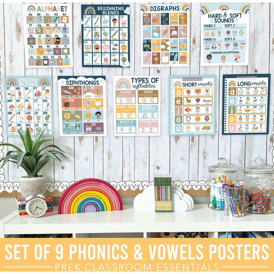 16-Piece Boho Rainbow Prek & Kindergarten Posters & 9-Piece Phonics & Vowels Posters