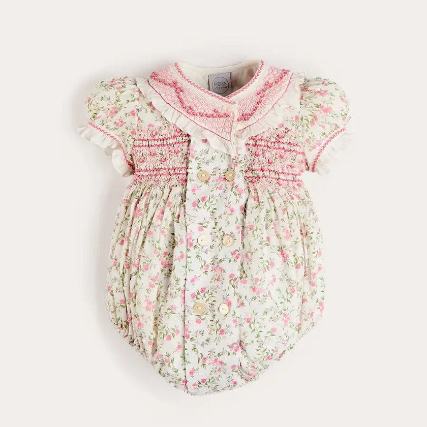 Alice Floral Double Breasted Hand Smocked Romper in Pink (6mths-2yrs)