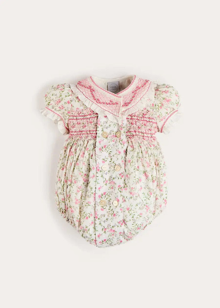 Alice Floral Double Breasted Hand Smocked Romper in Pink (6mths-2yrs)