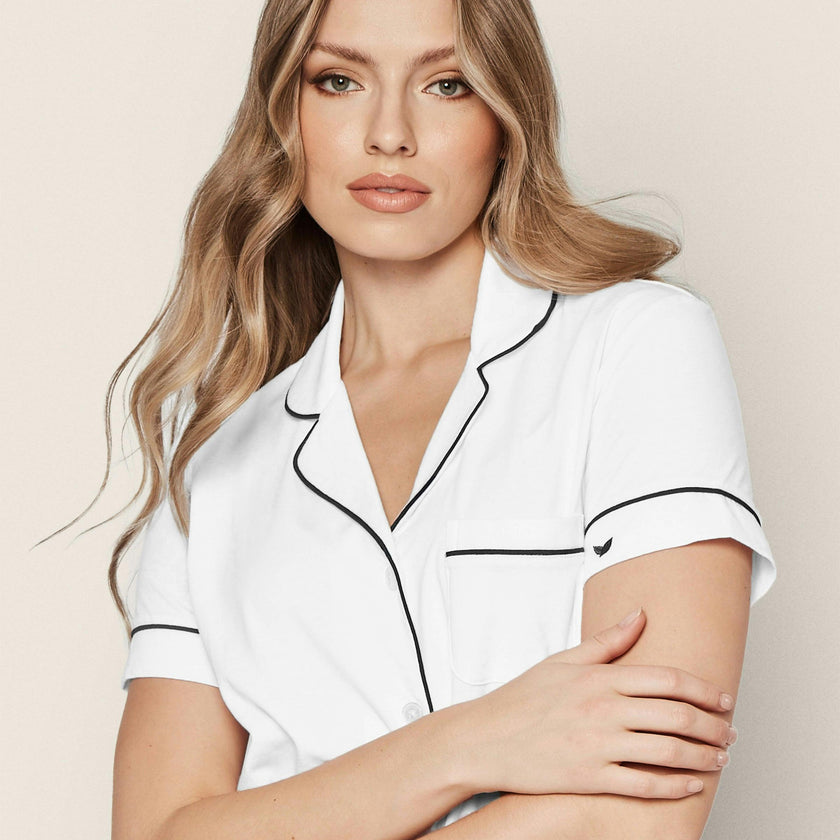 Women's Pima Pajama Short Set in White with Navy Piping