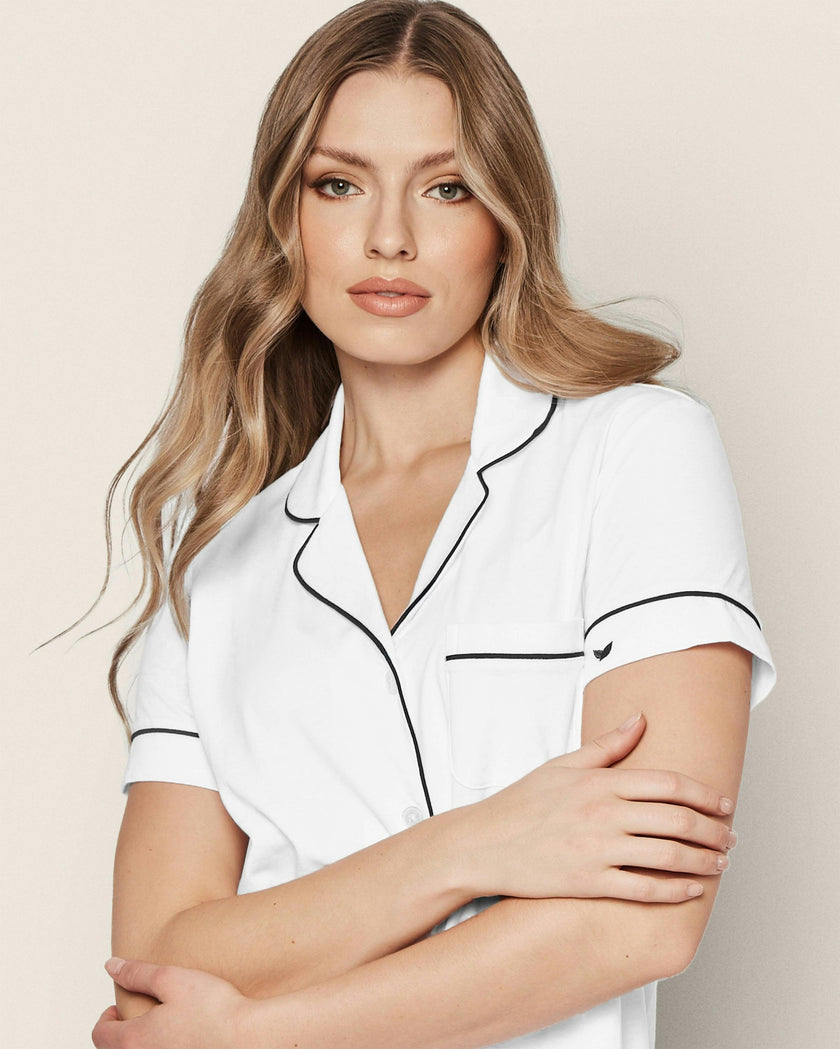 Women's Pima Pajama Short Set in White with Navy Piping