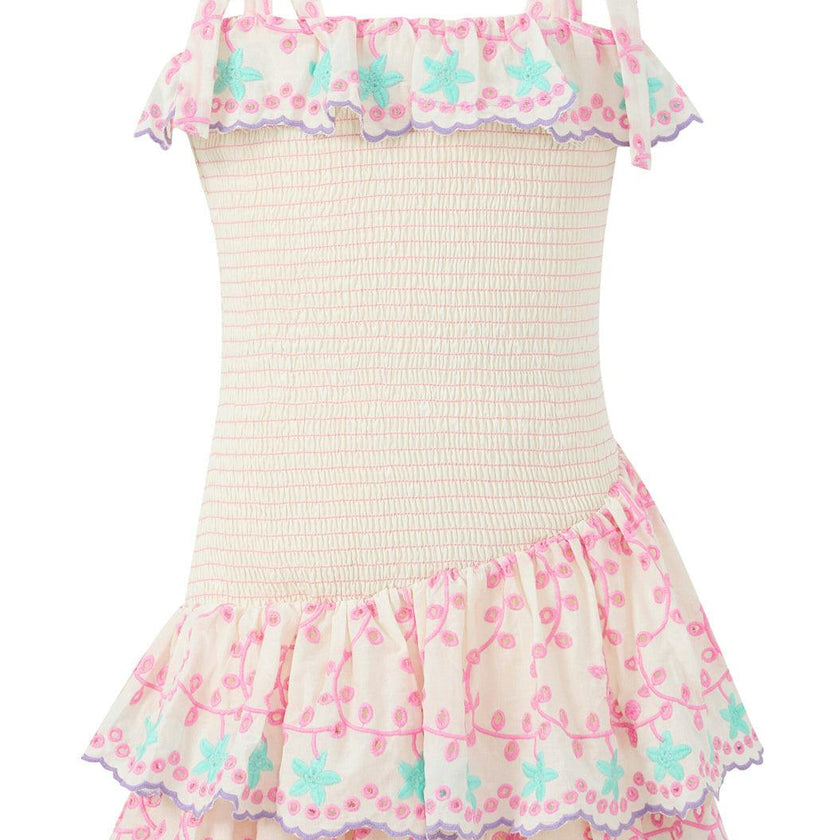 Alanna Shirred Embroidered Mini Dress