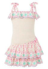 Alanna Shirred Embroidered Mini Dress