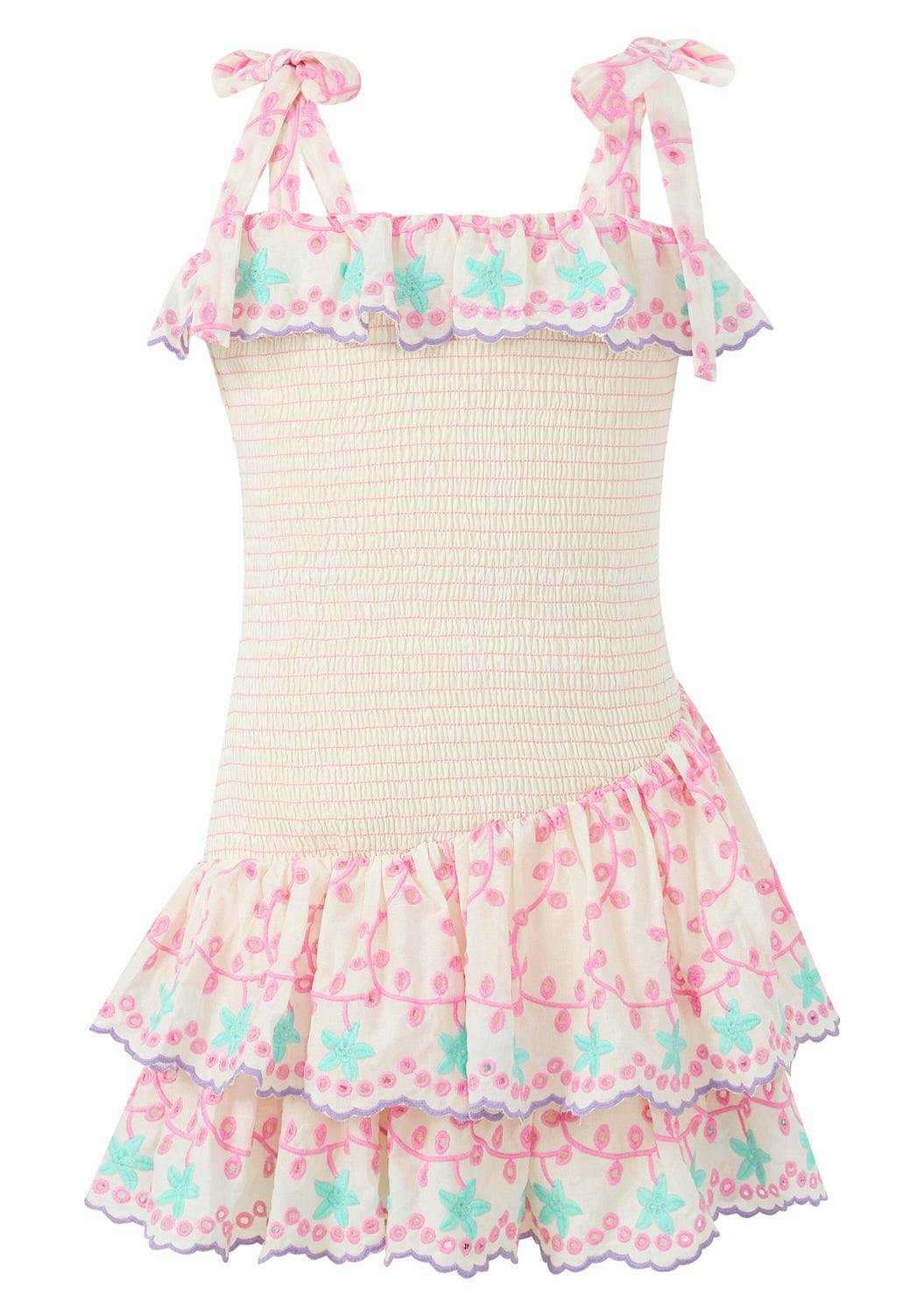 Alanna Shirred Embroidered Mini Dress