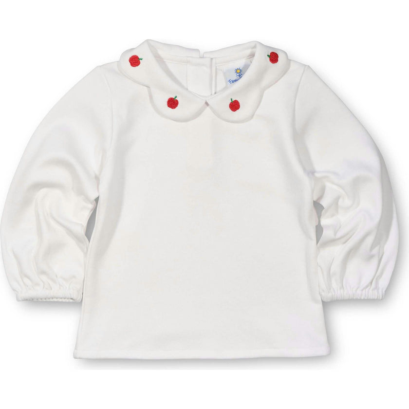 White Knit Blouse With Embroidered Apples