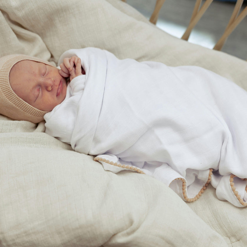 Pom Pom Trim Swaddle White/Blue