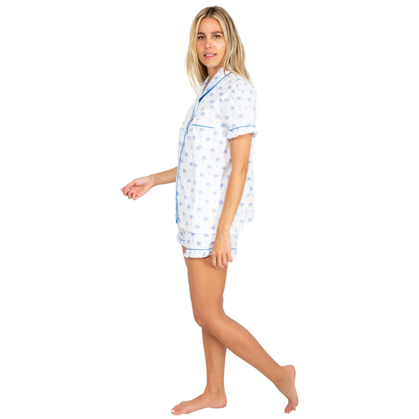 Women's Blue Palm Tree Short PJ Set - Organic Cotton Poplin