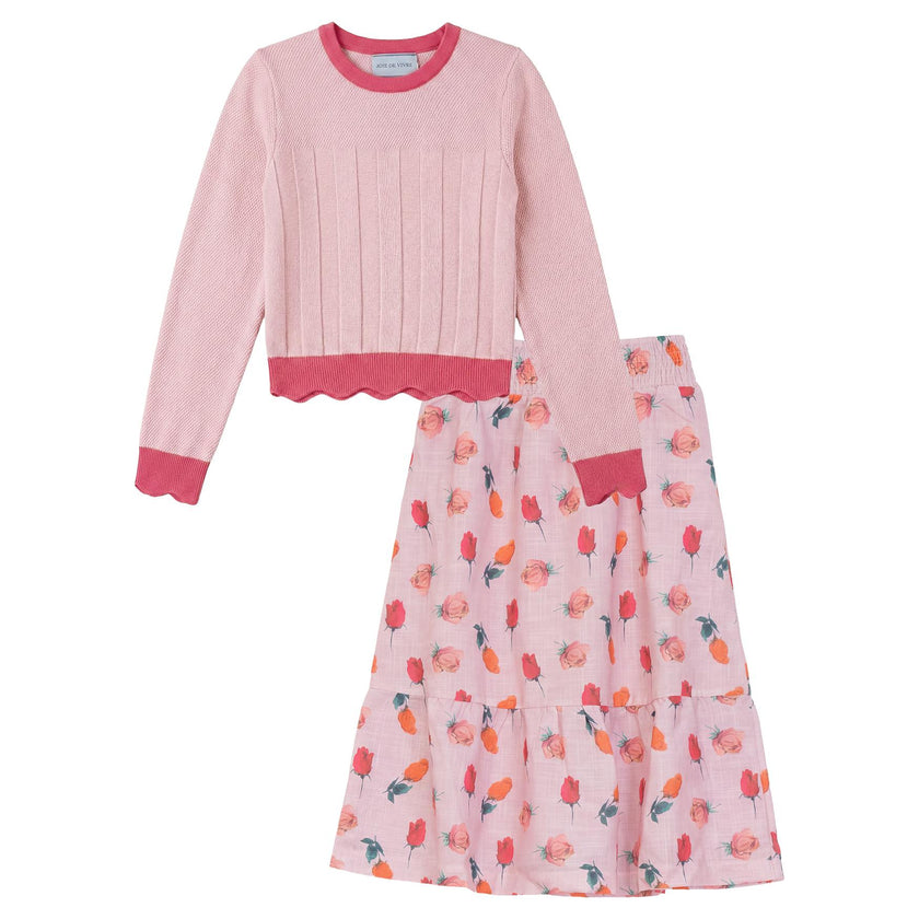 Floral Skirt and Long Sleeve Knit Top Set
