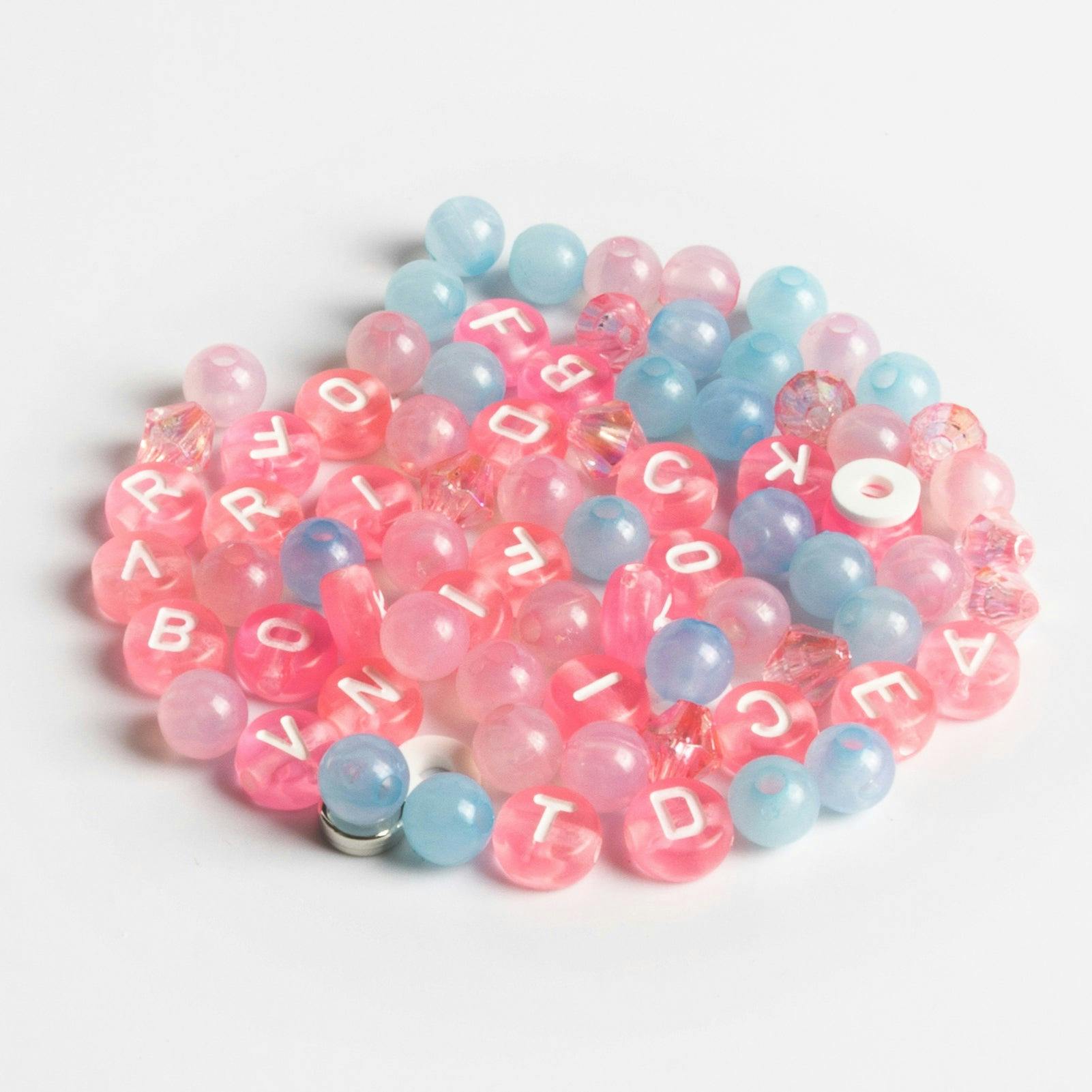 Demure Baby Pink and Baby Blue Beads Pink Swan Charm & Pastel Letter Beads DIY Jar