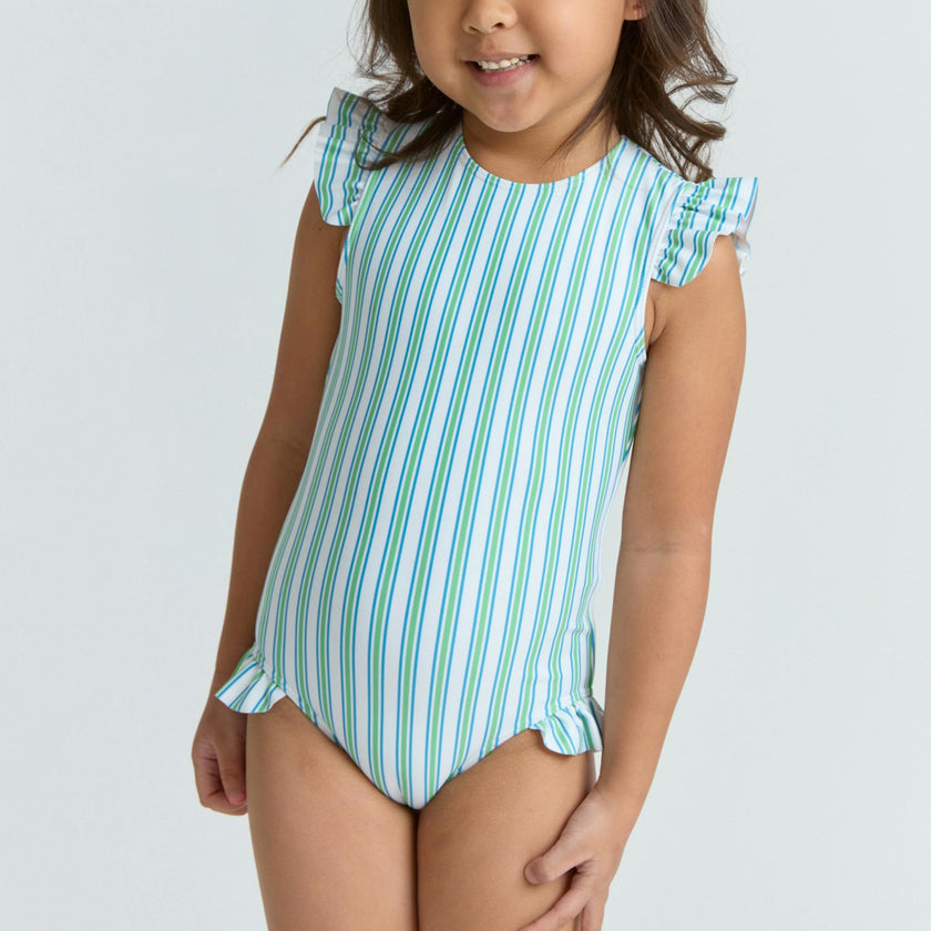 girls tamarin stripe ruffle cap sleeve one piece