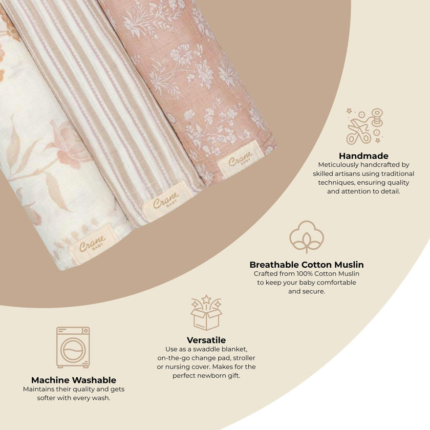 Violet Cotton Muslin Swaddle Blanket Set (Wildflower, Set of 3)