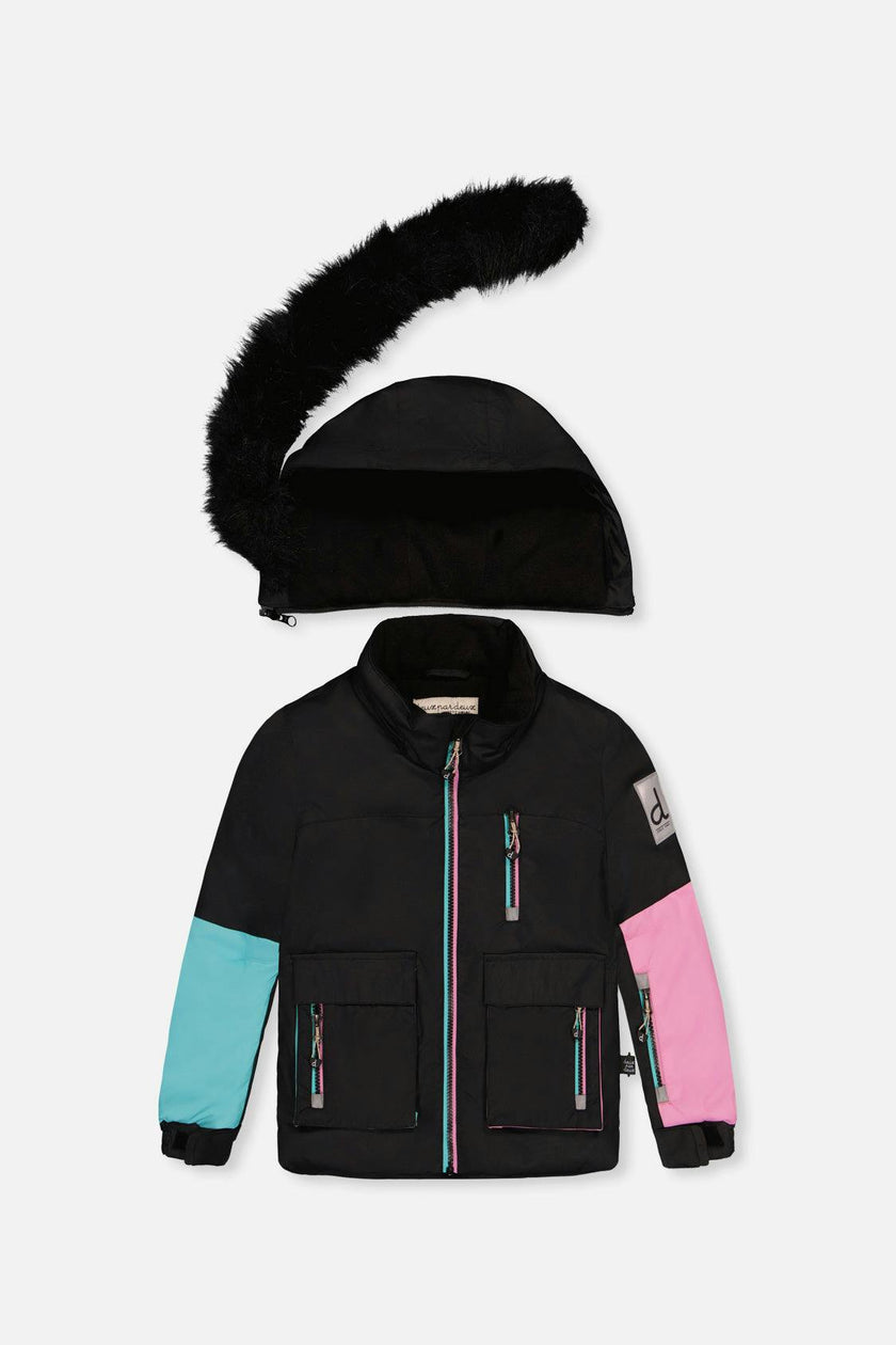 Two Piece Play Snowsuit Black, Blue And Pink Colorblock With Heart Print Pants