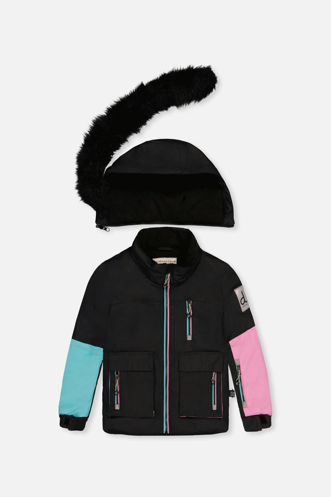 Two Piece Play Snowsuit Black, Blue And Pink Colorblock With Heart Print Pants
