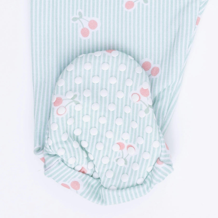 Tiny Cherry Stripe - 2 Way Ruffle Sleeve Zipper Footie