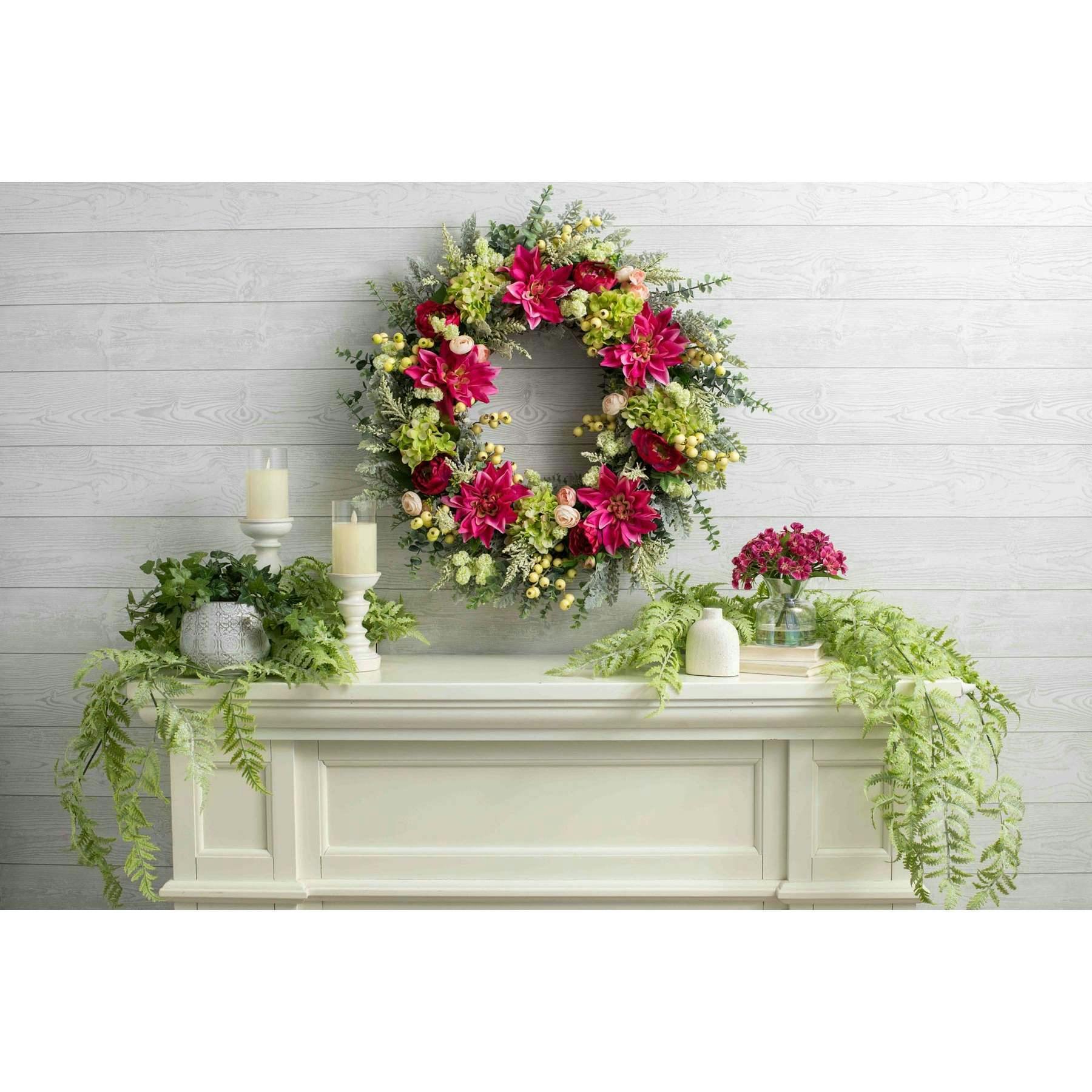 Hydrangea Dahlia Wreath - Fuchsia & Green Spring Summer Door Decor