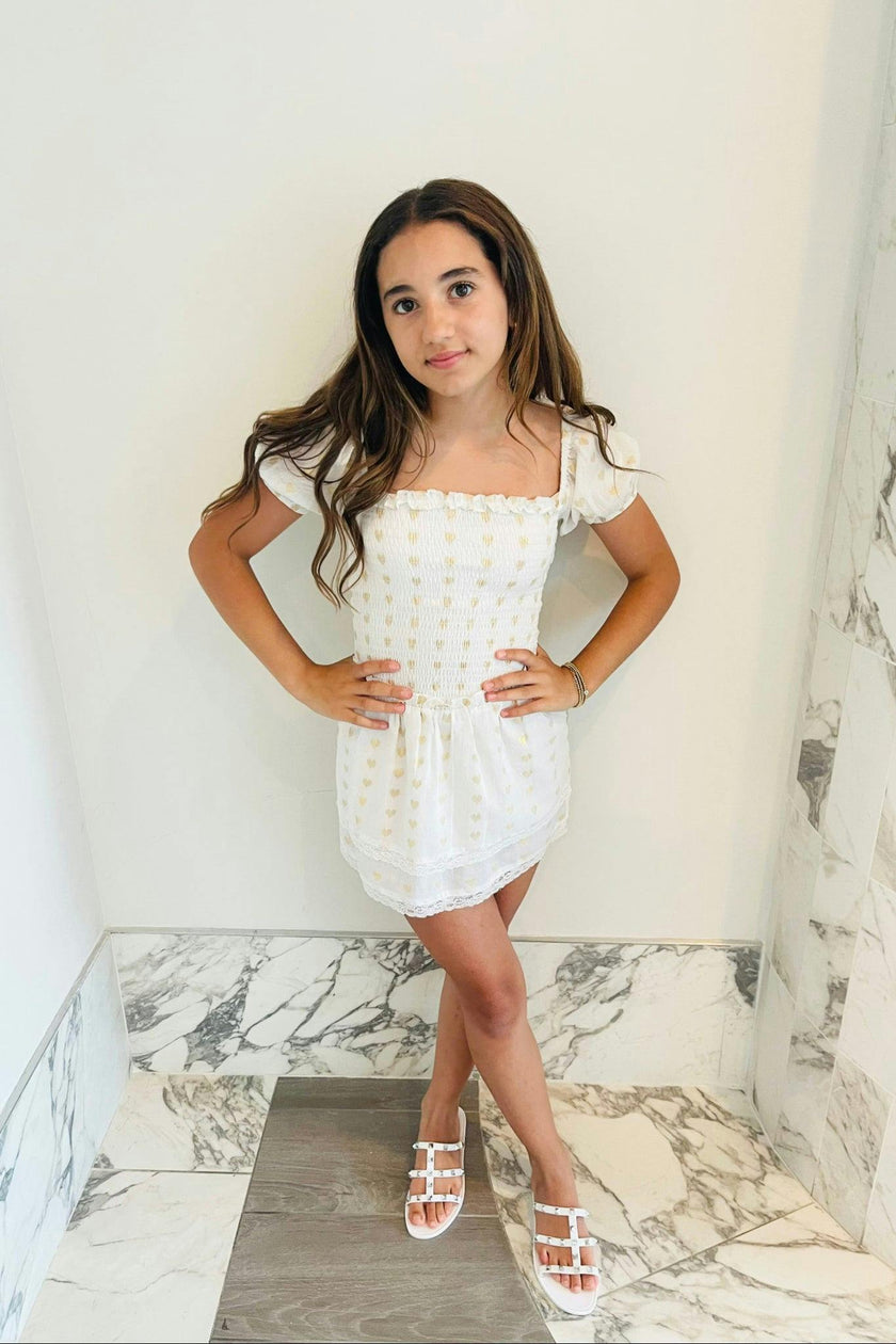 Lexi White Heart Lurex Smocked Short Sleeve Ruffle Dress