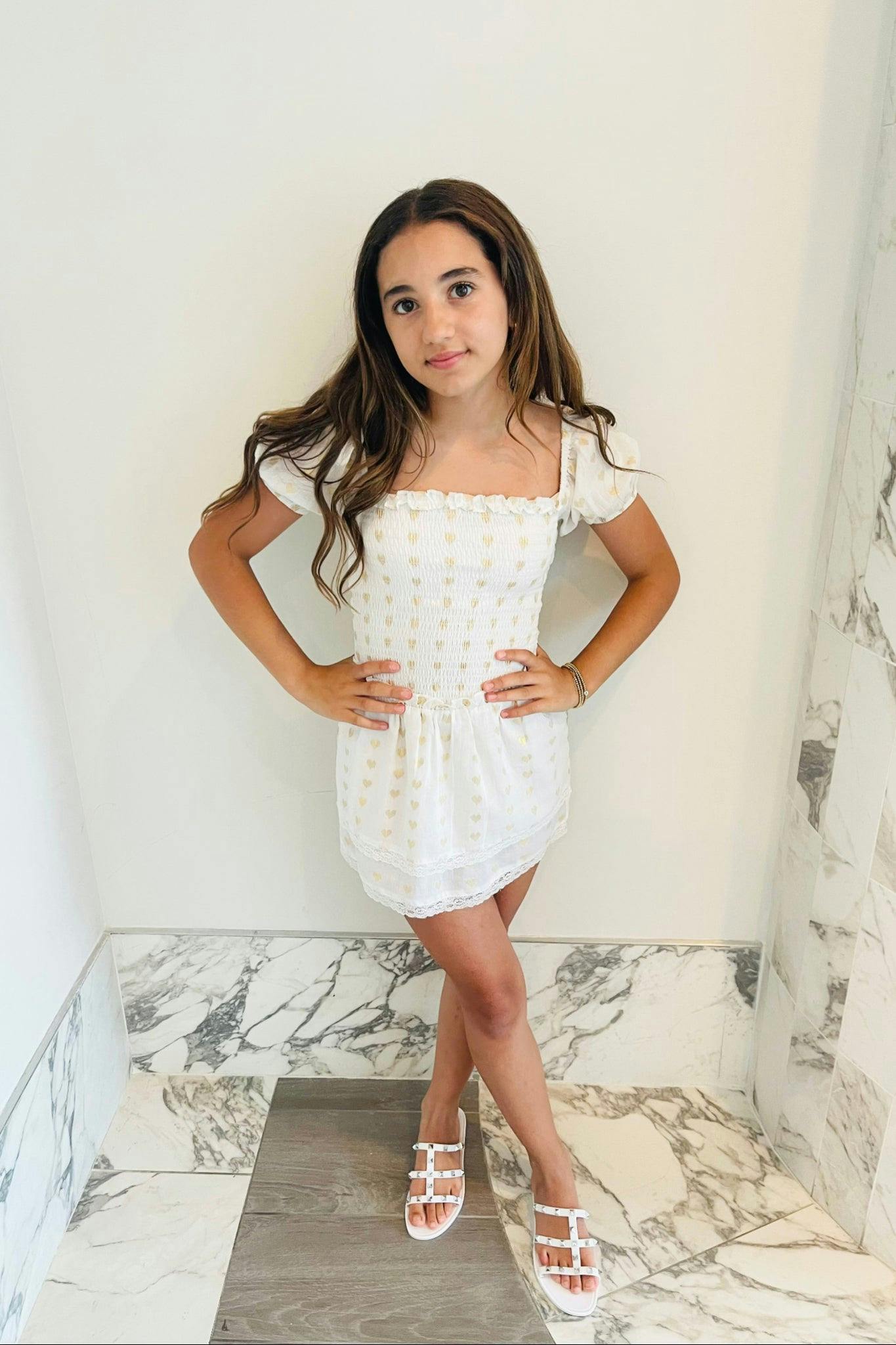 Lexi White Heart Lurex Smocked Short Sleeve Ruffle Dress