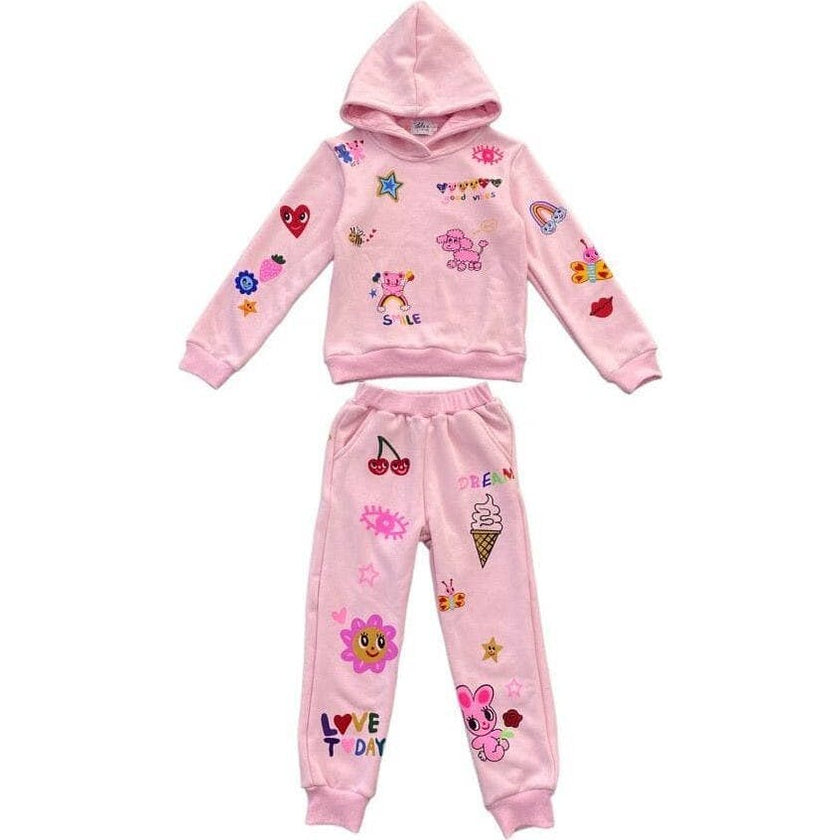 Doodle Art Patch Sweatshirt And Pant Set