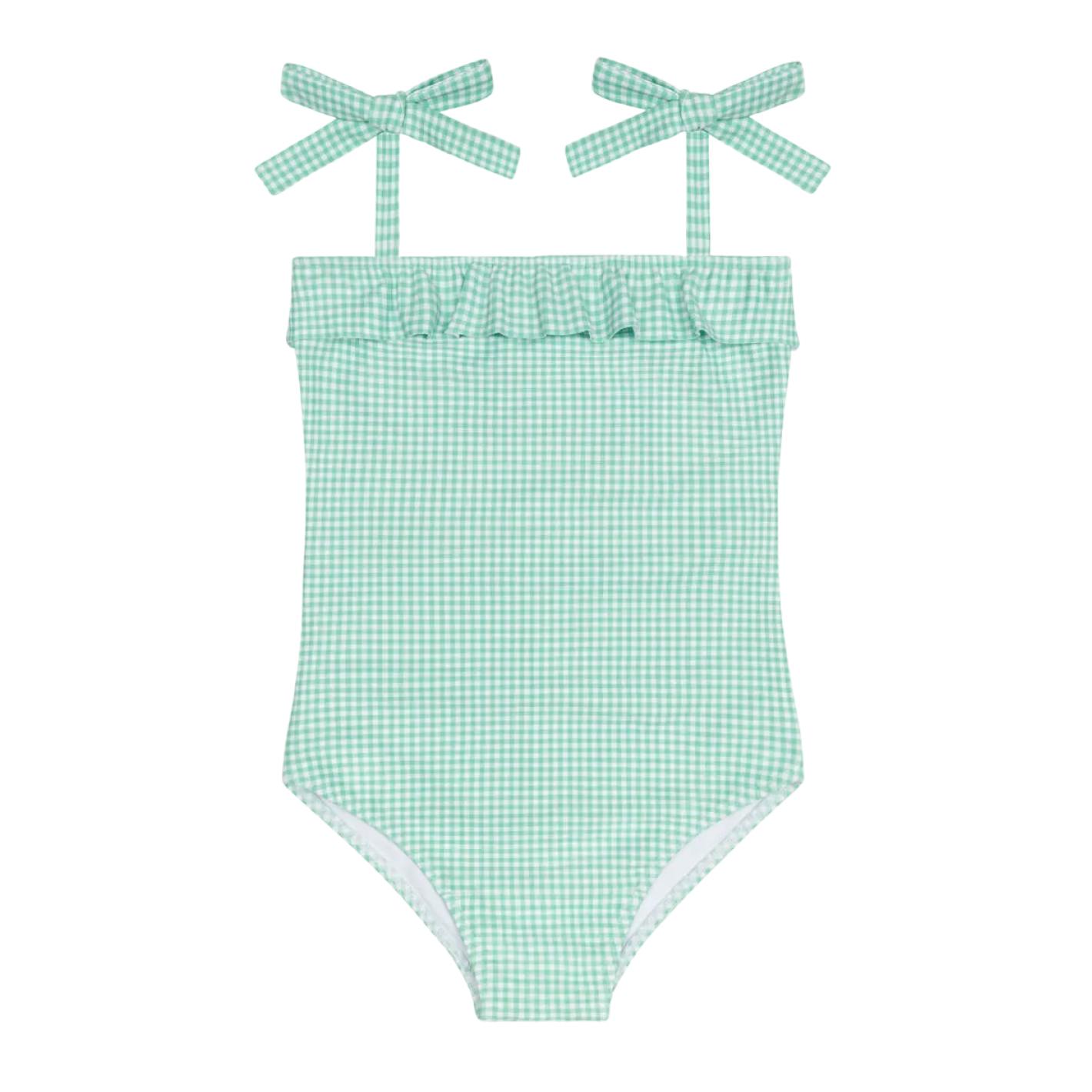 girls gustavia gingham ruffle front tie strap one piece