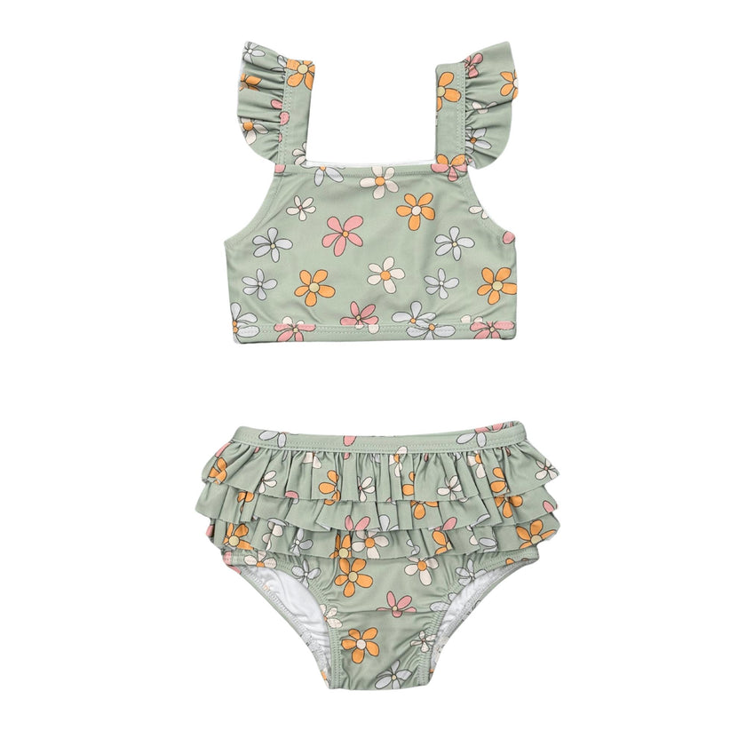 Girls Two-Piece Ruffle Swimsuit in Sketched Daisy
