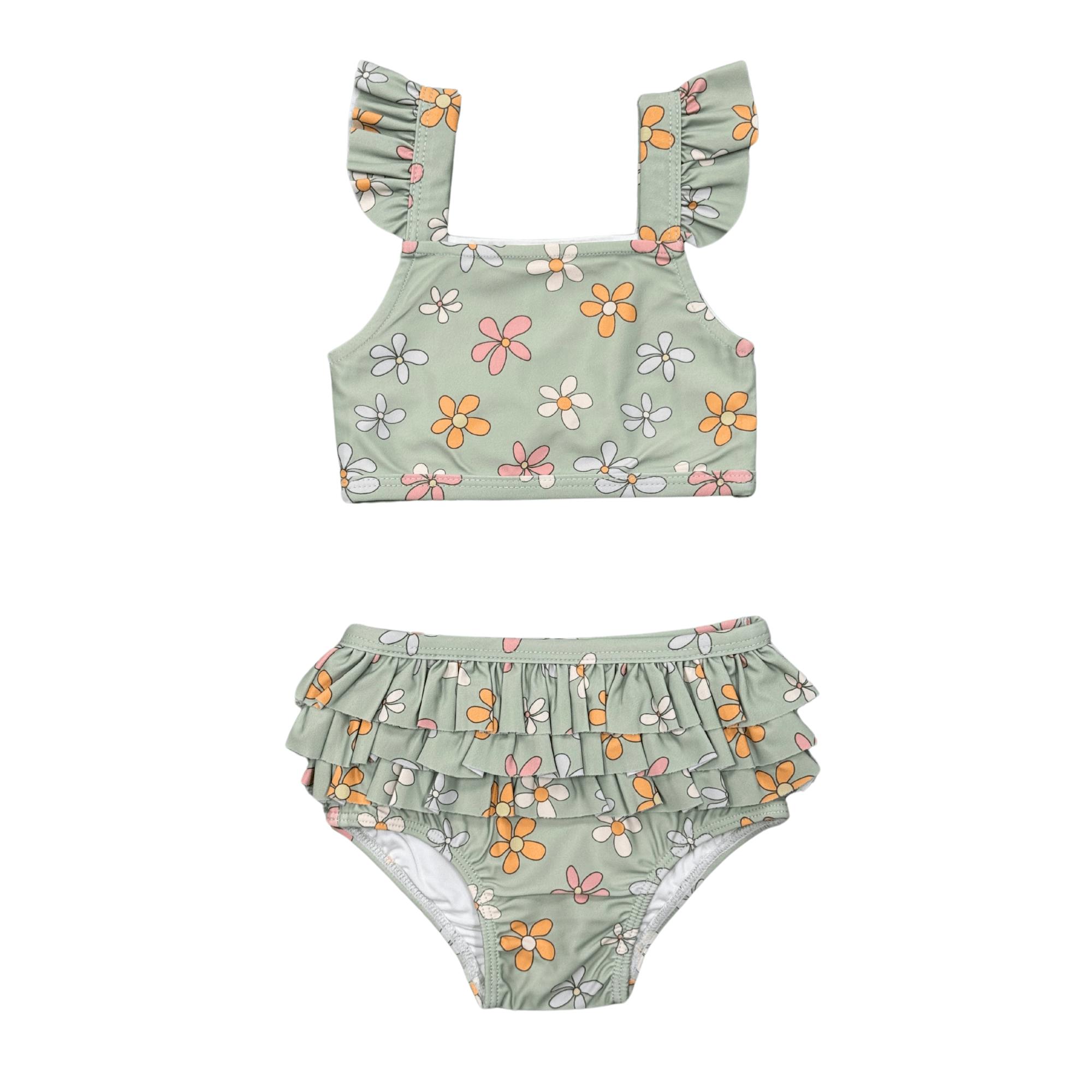 Girls Two-Piece Ruffle Swimsuit in Sketched Daisy