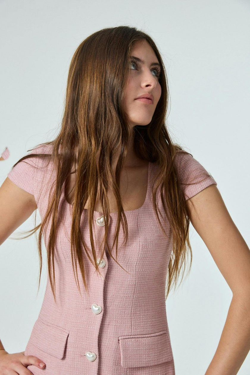 Zoe Pink Cap Sleeve Button Down Dress