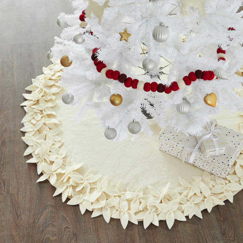 Handmade Felted Wool Overlapping Flowers Border Cream Christmas Tree Skirt 26"/48"/64"/72"