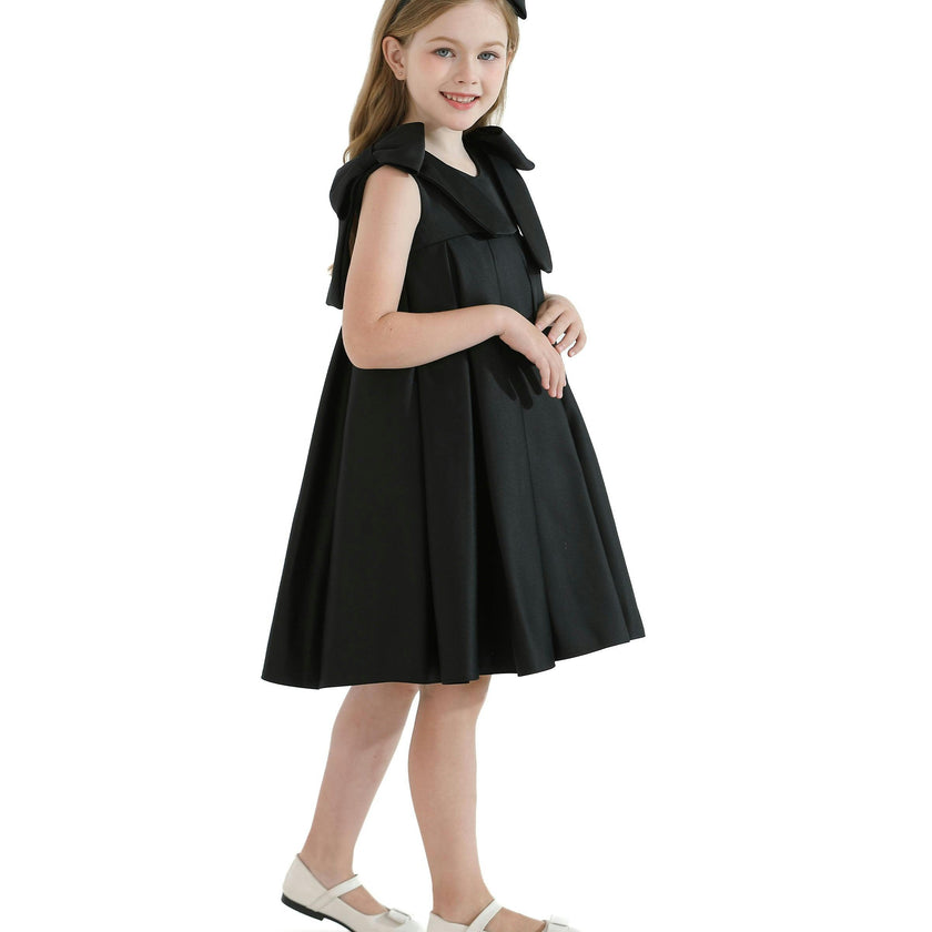 Black Palermo Satin Bow Pleated Dress