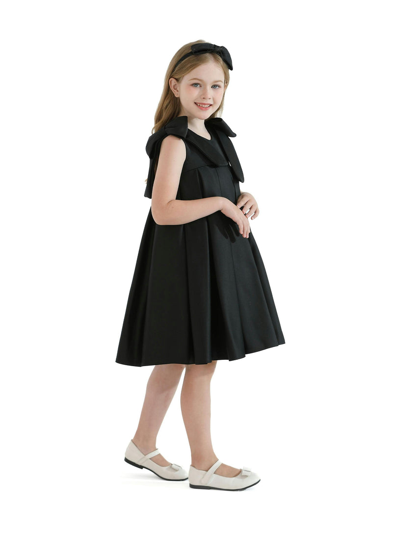 Black Palermo Satin Bow Pleated Dress
