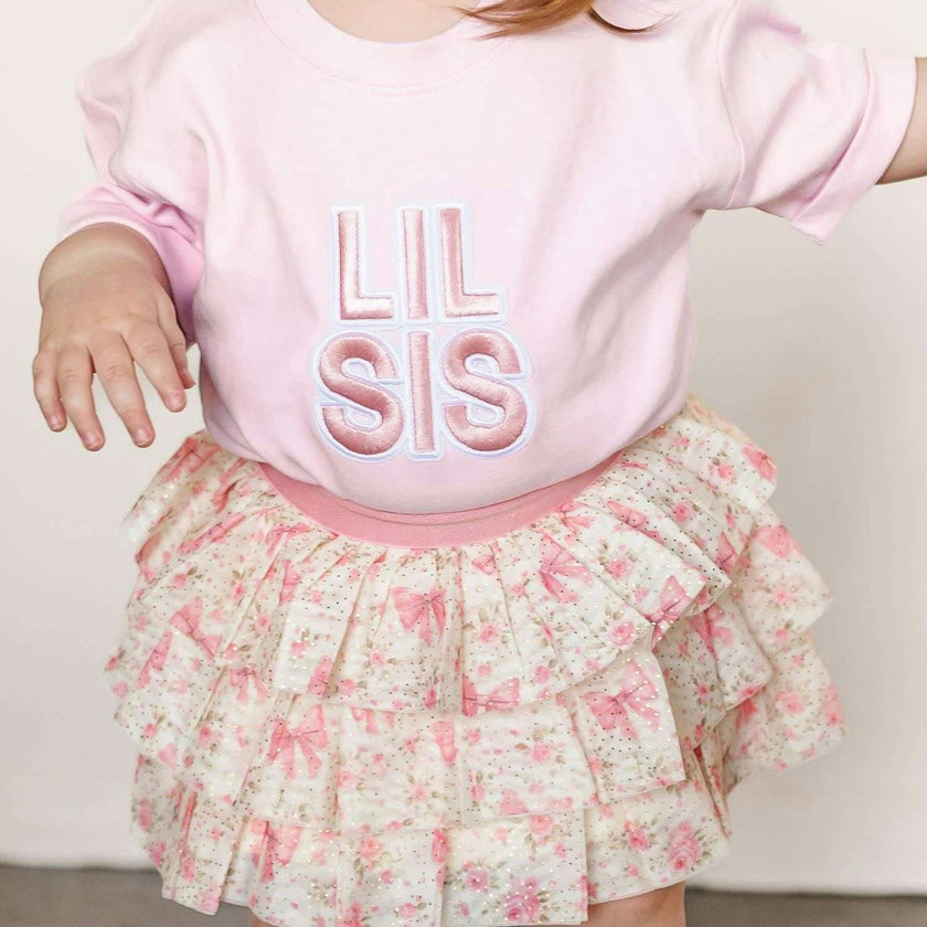 Lil Sis Embroidered Patch Short Sleeve Romper - Ballet