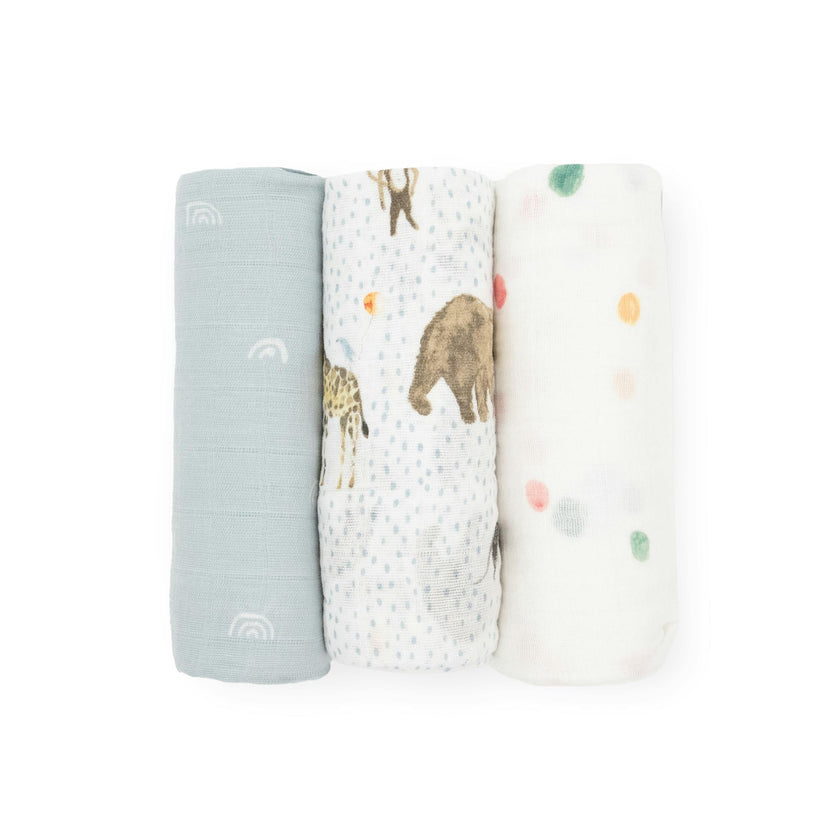 Cotton Muslin Swaddle Blanket 3 Pack - Party Animals