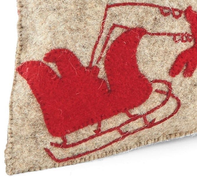 Handmade Christmas Pillow Hand Felted Wool - Red Reindeer Gray - 12"x24"
