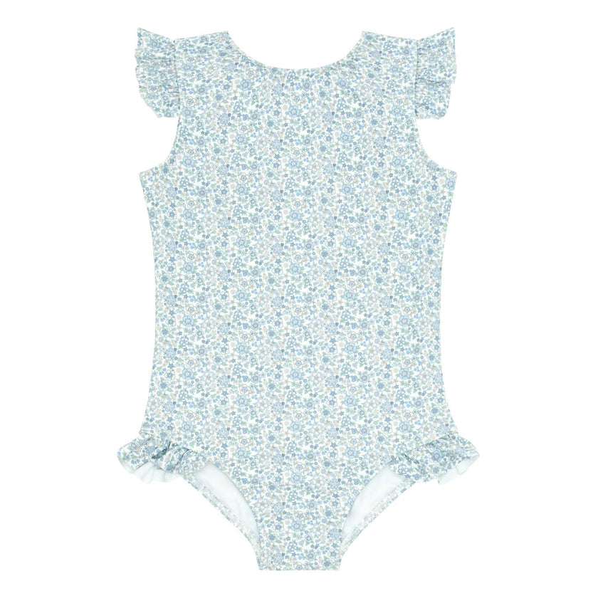 Girls Slate Floral Ruffle Sleeve Rashguard One Piece