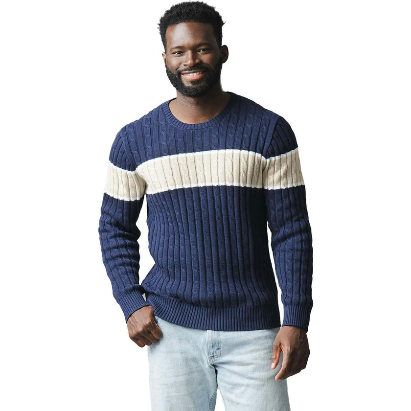 Organic Crew Neck Cable Sweater, Blue