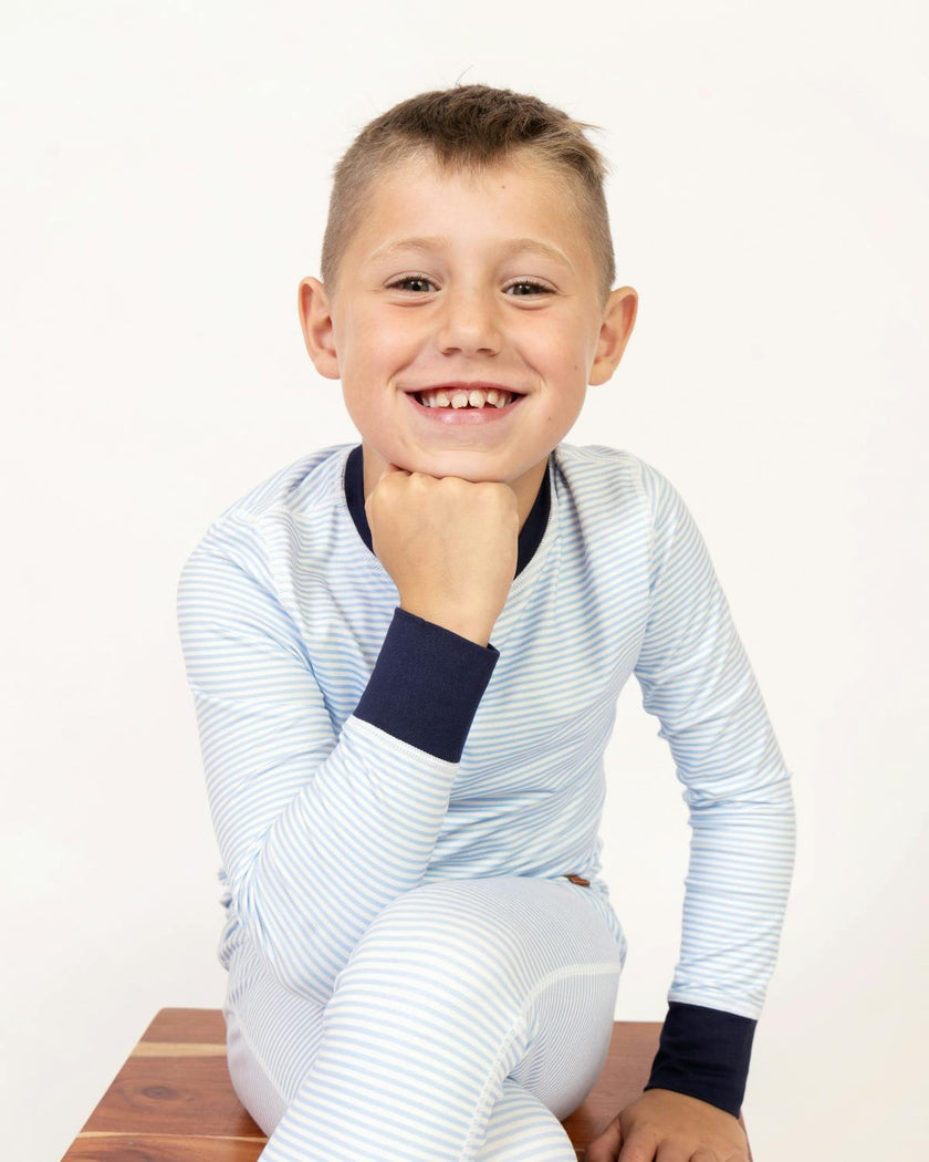 Kids Base Layer Set in Sky Blue Stripes